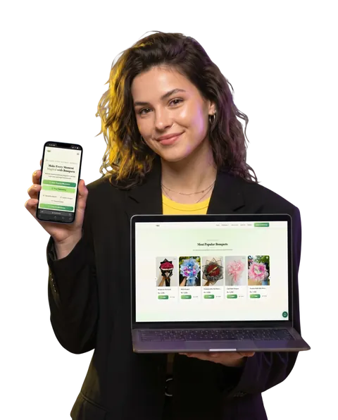 Bouquet shop (online store) website built by Braintisa, shown on a phone and laptop